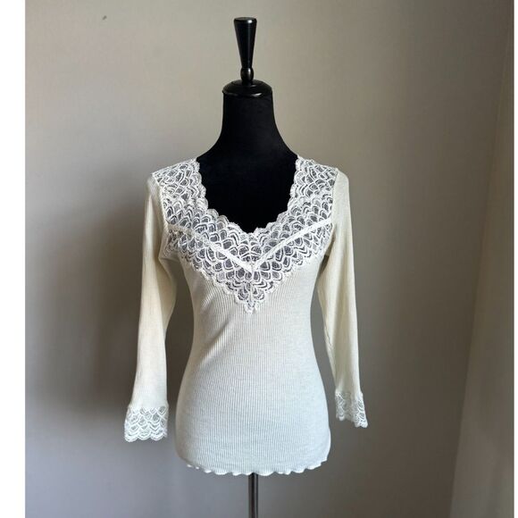 LISANZA Women's Cream Wool Silk Blend Lace 3/4 Sleeve Rib Knit V Neck Top Size M - Picture 1 of 8
